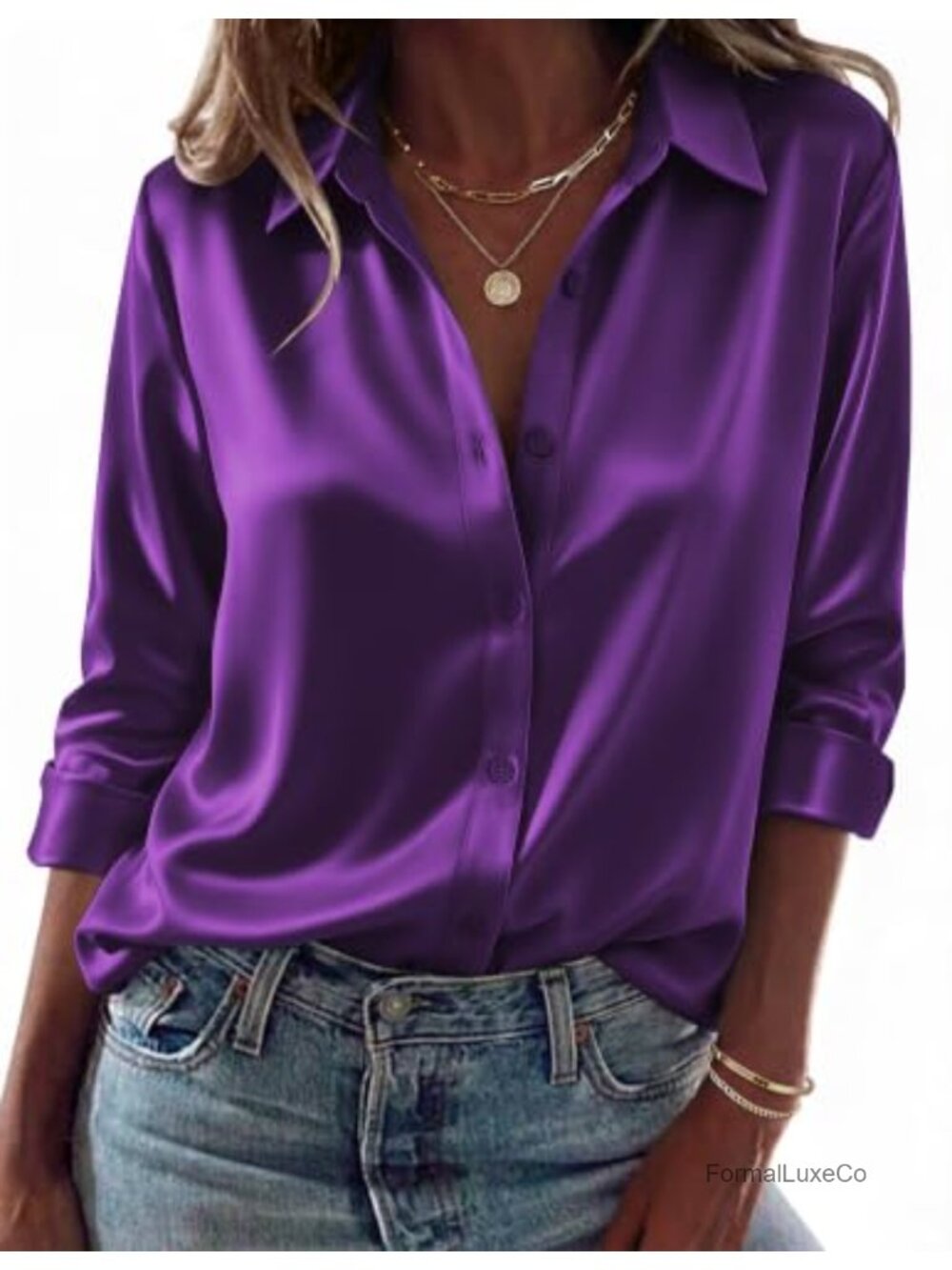Satin Silk Button Down Shirt Long Sleeve Loose Blouse for Work